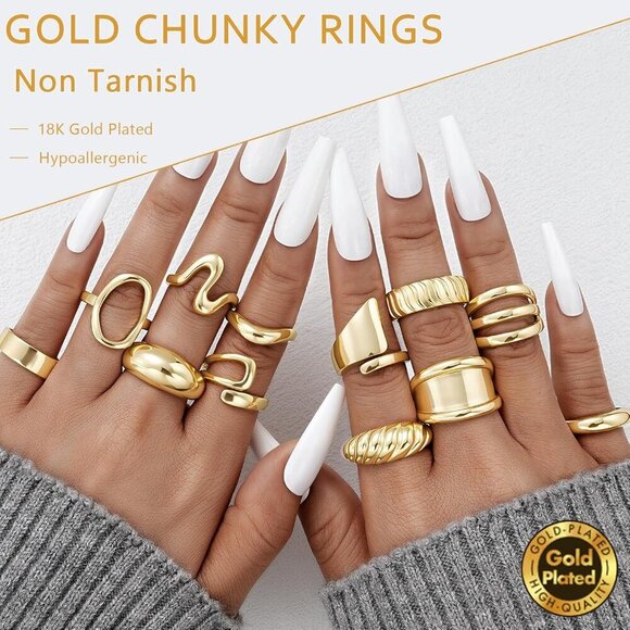 12 PCS Chunky Gold Rings for Women Non Tarnish, 18K Gold Plated Statement Open S - Picture 3 of 6